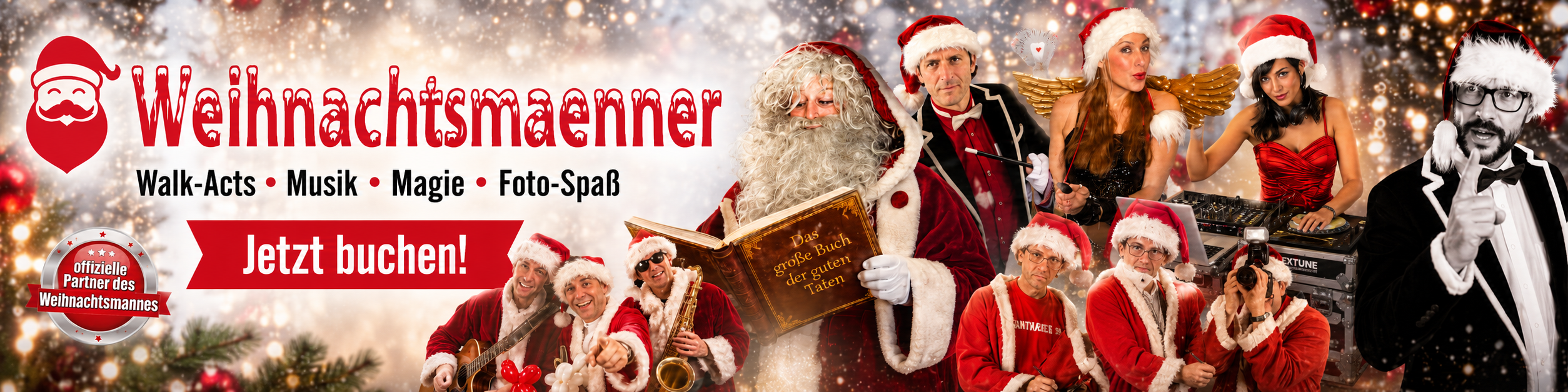Weihnachtsmann Weihnachtsfrau idee ausgefallen Engelchenelfe buchen Weihnachtsfeier Zauberer Musik Weihnachtsmusik Christmas Music Live Comedy Walk act Highlight für Bescherung Christbaum schlagen Weihnachtsmarkt Attraktionen sexy